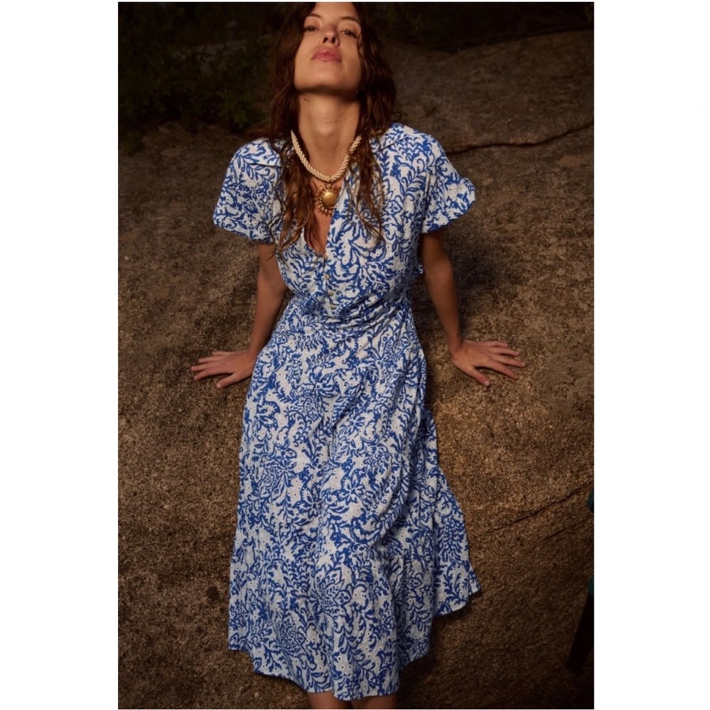 Zara White Midi Dress with Blue Floral Print